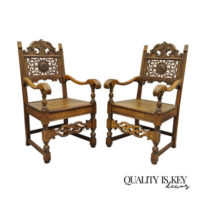 Antique Vanleigh Carved Oak Italian Renaissance Style Throne Arm Chairs - a Pair