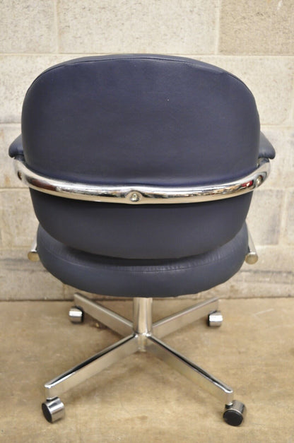 Vintage Chromcraft Mid Century Modern Blue Vinyl Rolling Office Desk Chair (A)