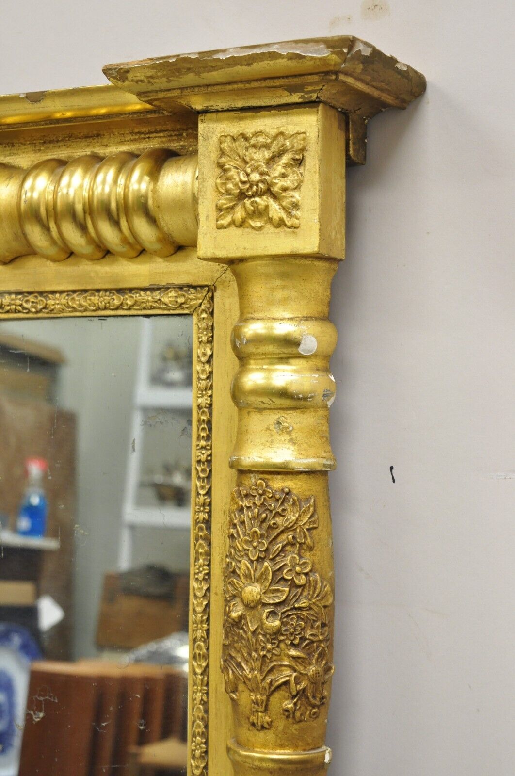 Antique American Federal Gold Giltwood Overmantle 66" Triple Mirror