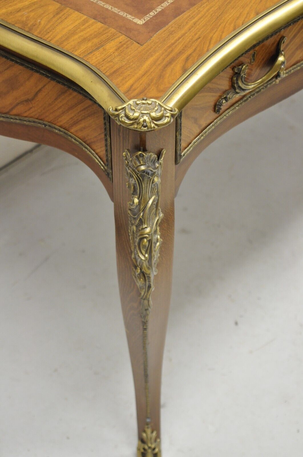 Vintage French Louis XV Style Walnut Leather Top Bronze Ormolu Writing Desk