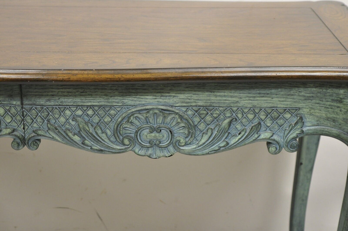 Vintage French Country Provincial Style Shell Carved Blue Painted 2 Drawer Desk