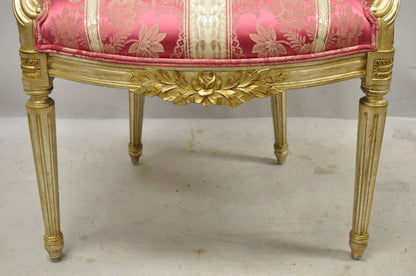 French Louis XVI Style Silver Gold Gilt Pink Damask Oval Back Arm Chairs - Pair