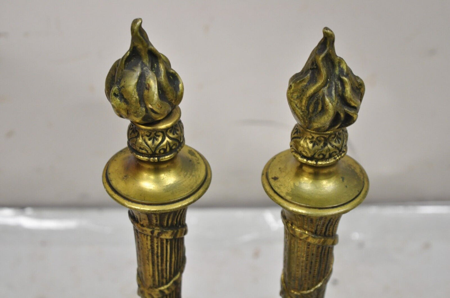 Antique French Empire Style Flame Finial Brass and Cast Iron Andirons - a Pair