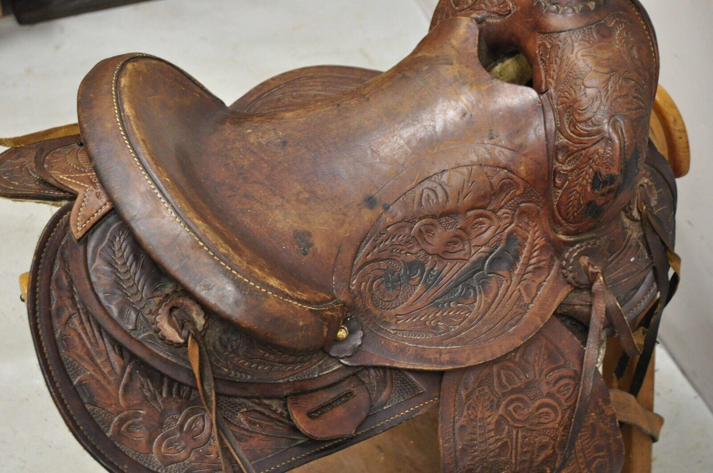 Vintage Brown Tooled Leather Embossed 14" Western Horse Saddle