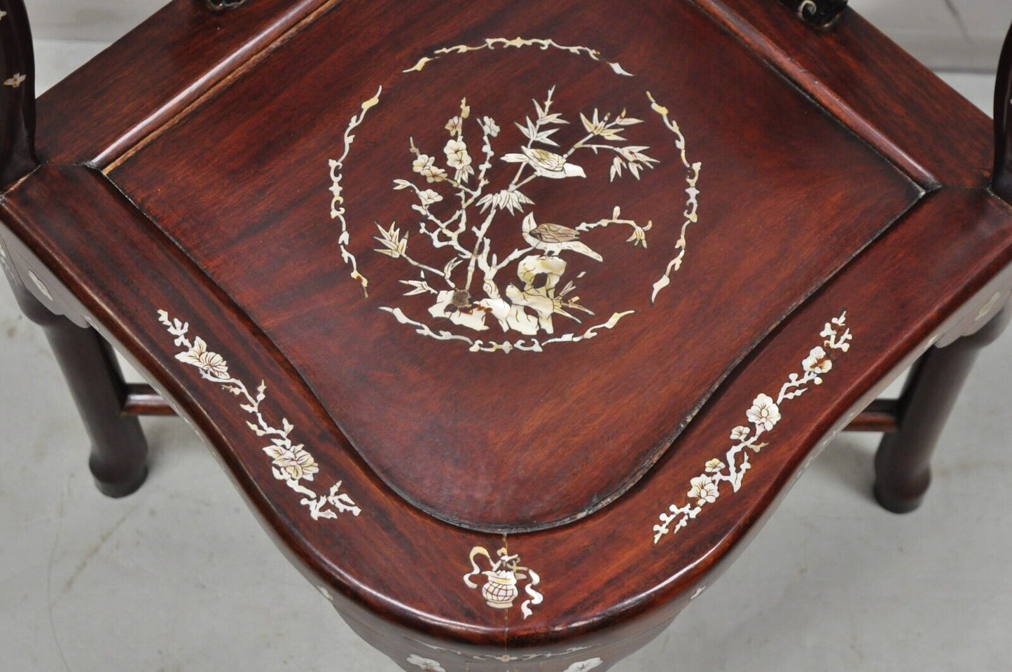 Vintage Chinese Carved Hardwood Corner Lounge Chair with Mother of Pearl Inlay