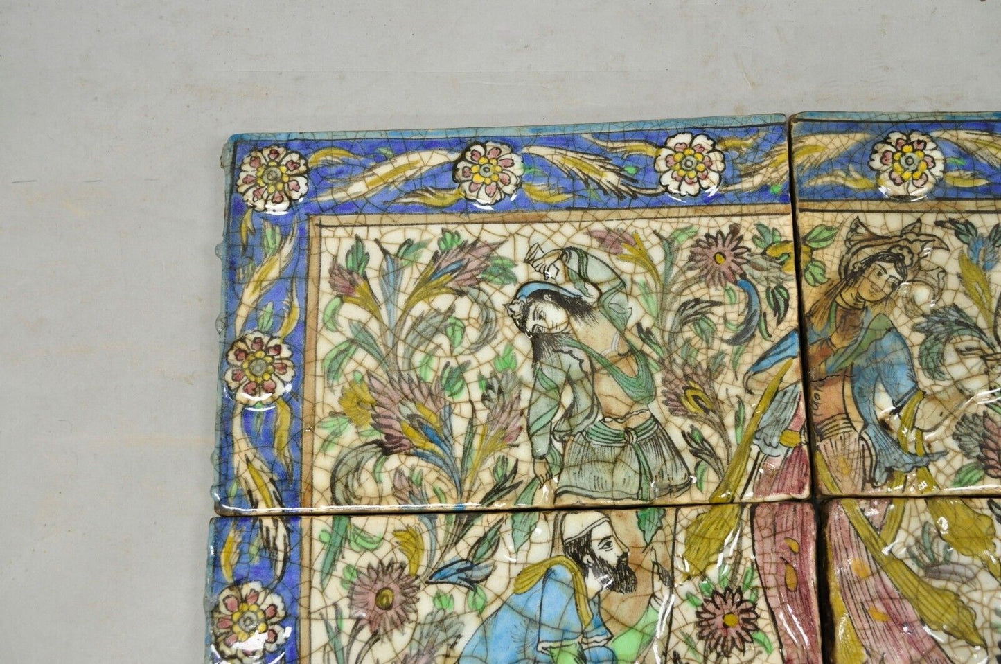 Antique Persian Iznik Qajar Style Ceramic Pottery Tile Mosaic Woman & Servant C7