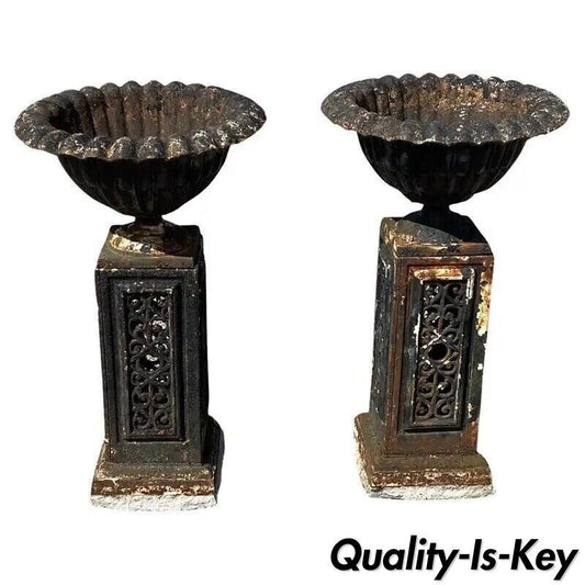 Antique 31" French Victorian Cast Iron Fluted Urn Garden Planter Pedestal - Pair