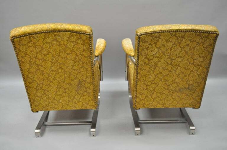 Pair of Lloyd Tubular Chrome Steel KEM Weber Style Art Deco Springer Arm Chairs