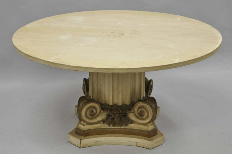 Green Marble Top Fluted Wood Corinthian Column Pedestal Base Round Coffee Table