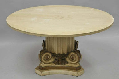 Green Marble Top Fluted Wood Corinthian Column Pedestal Base Round Coffee Table