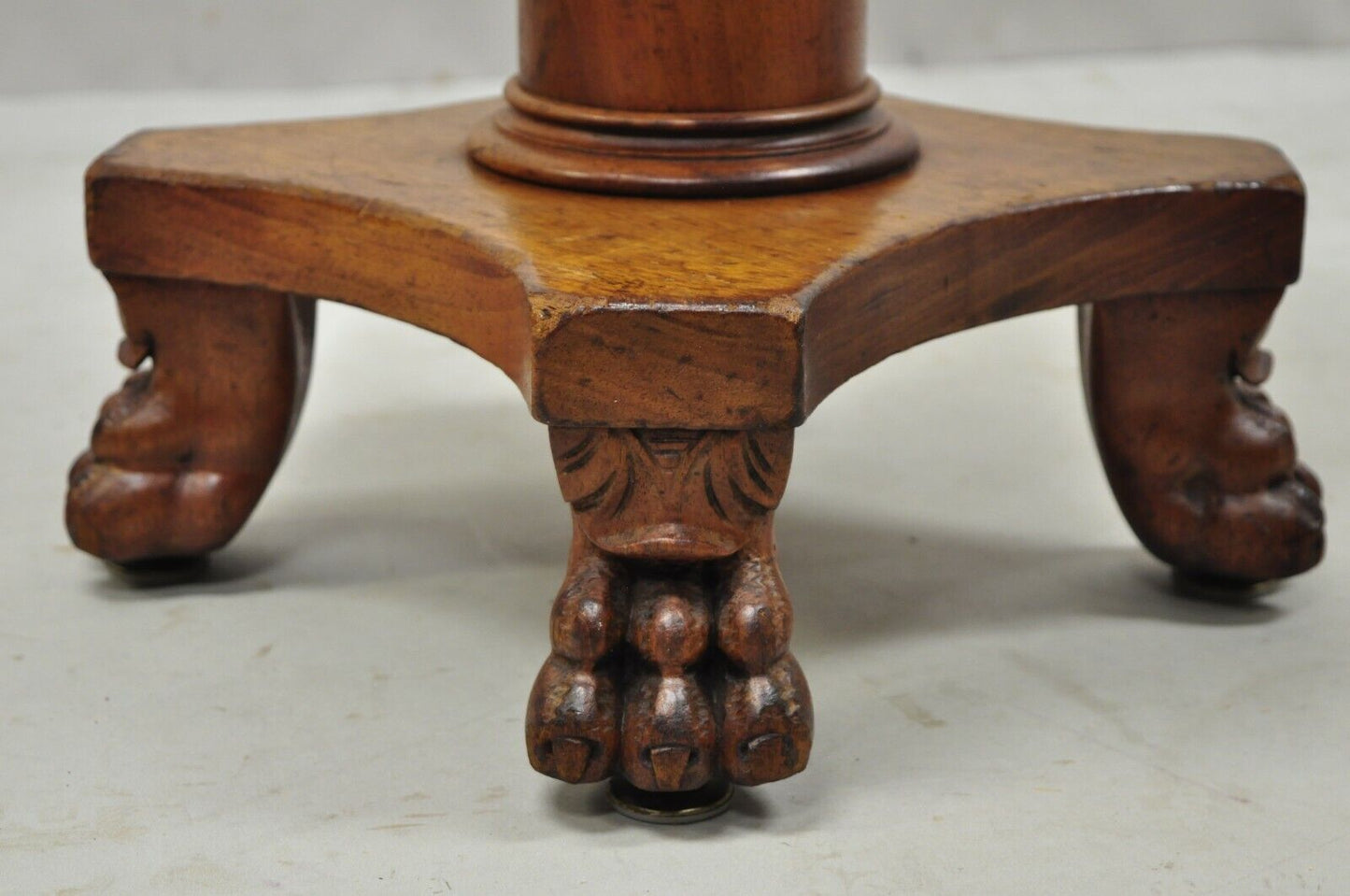 19th C. American Empire Mahogany Carved Column Paw Feet Swivel Leather Stool