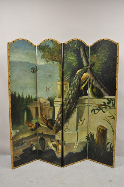 Venetian Hand Painted Oil on Canvas 4 Section Peacock Bird Screen Room Divider