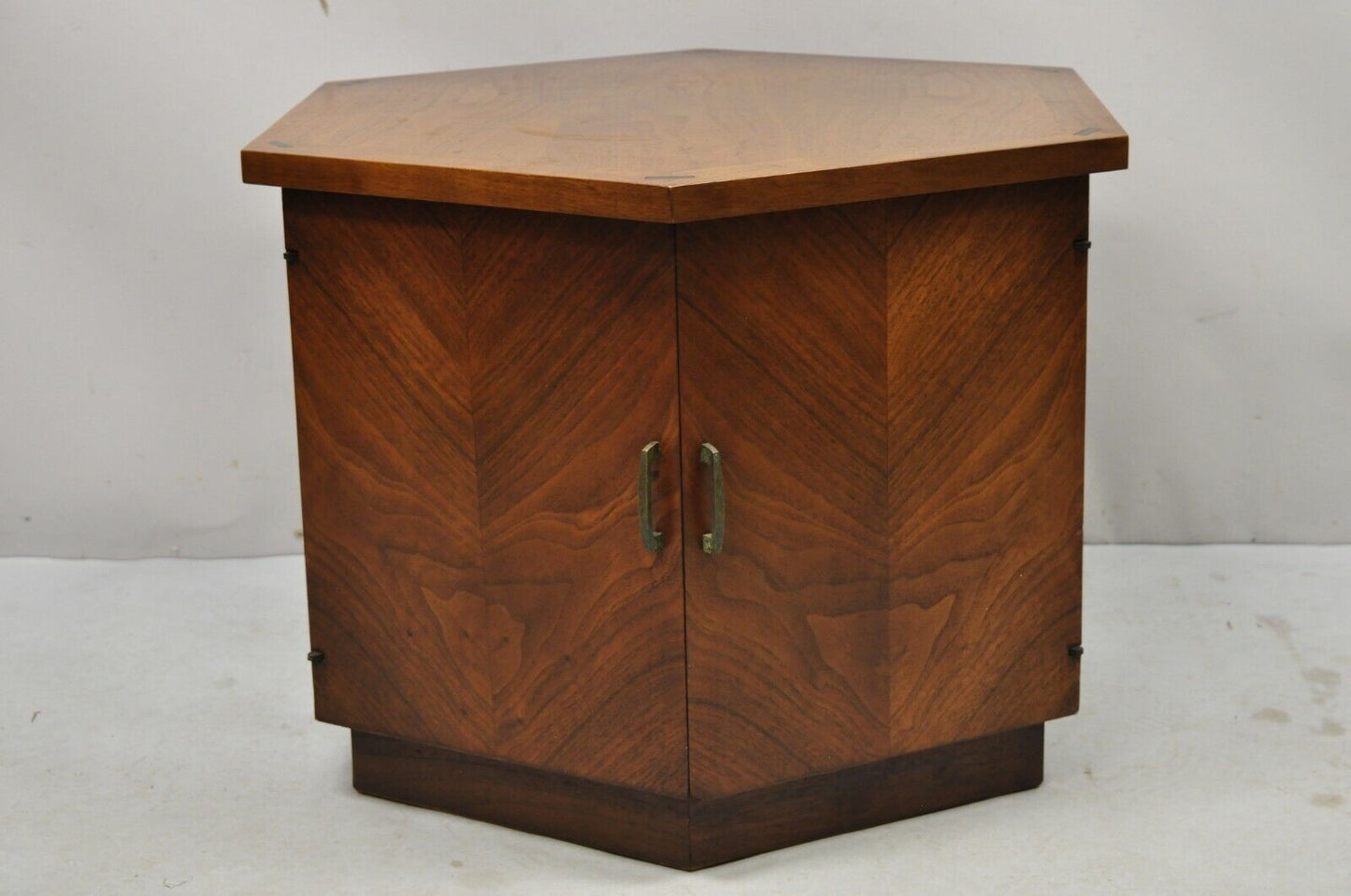 Lane Altavista Mid Century Modern Walnut 2 Door Side Drum End Table Cabinet