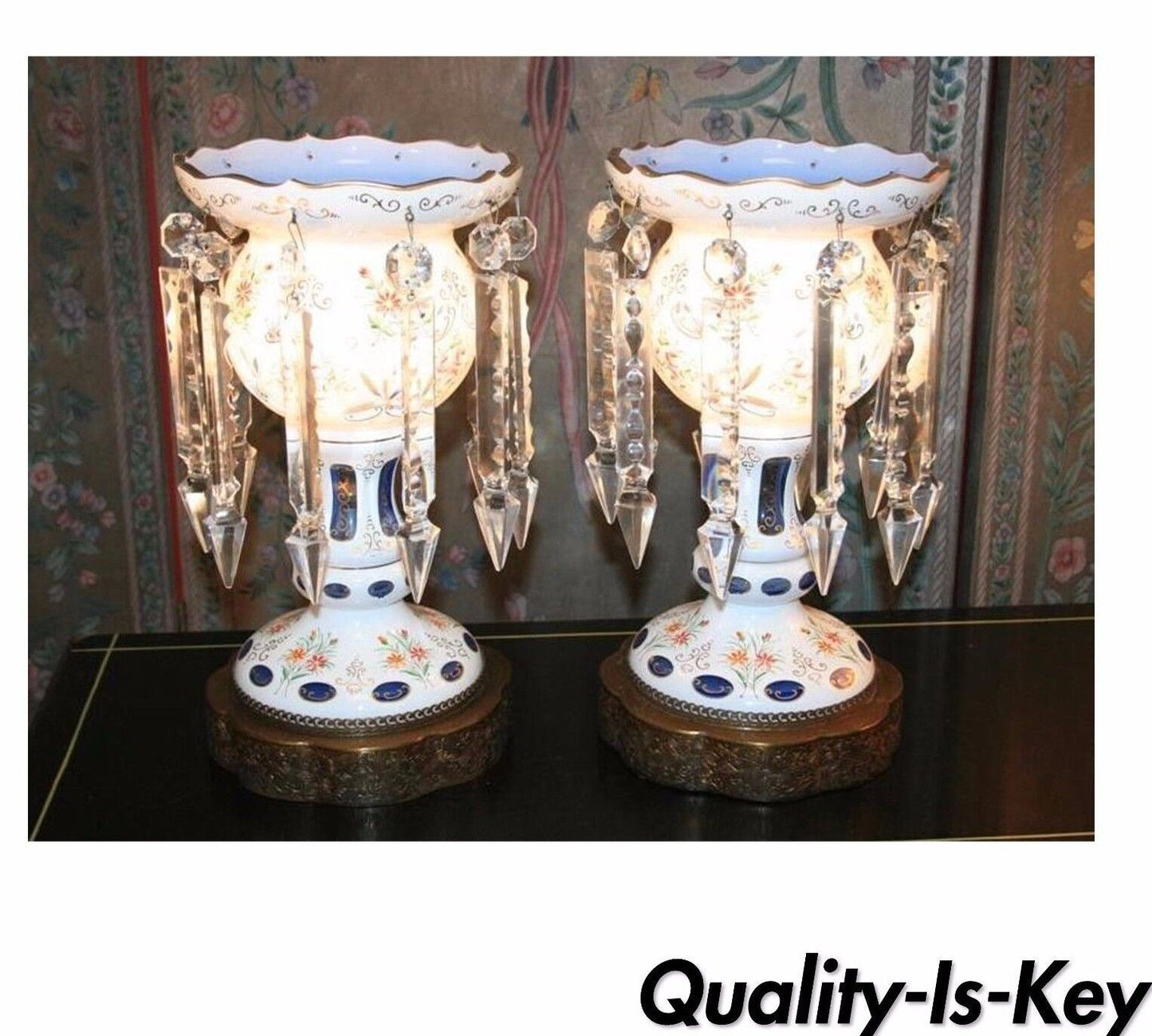 Antique Pair of Bohemian Cased Blue Glass & Crystal Lustre Table Lamps Mantel