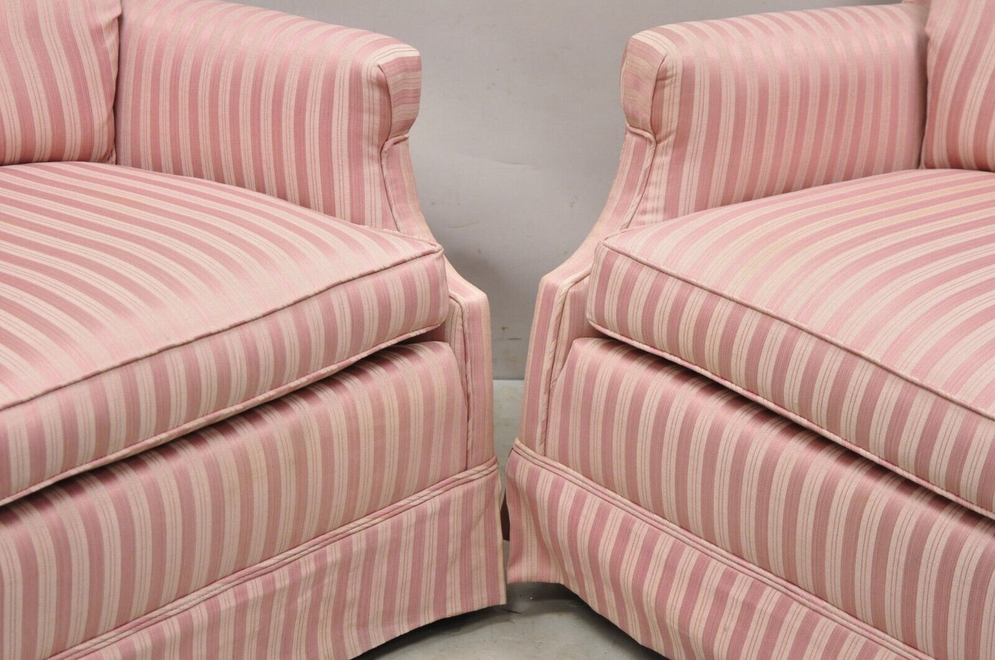 Pair Vintage Custom Pink Candy Stripe Upholstered Swivel Tilt Club Lounge Chairs