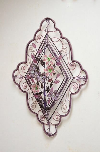 French Victorian Glass Beaded Purple Flower Casket Wreath Wall Sculpture (A)