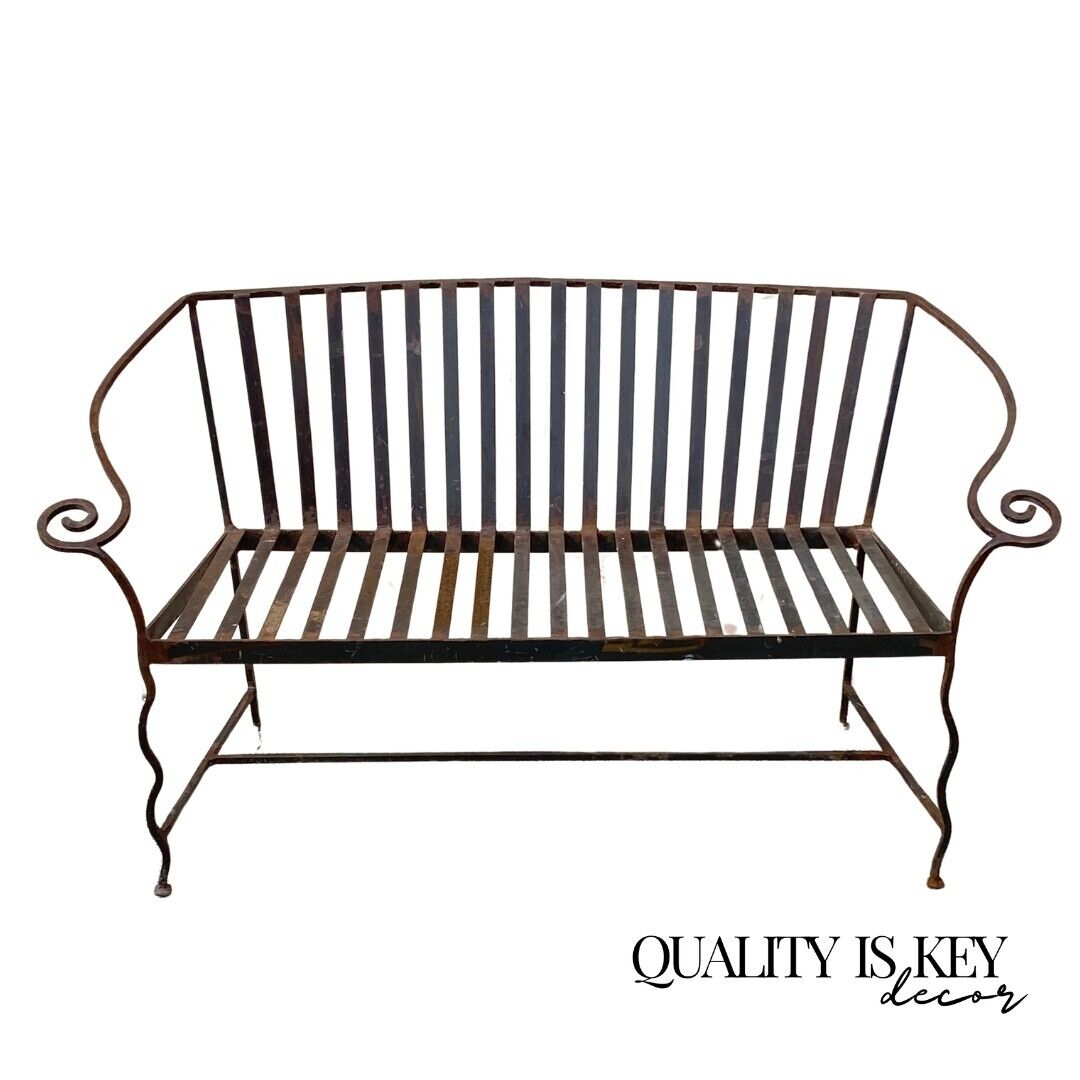 Vintage Hollywood Regency Wrought Iron Scrolling Garden Patio Loveseat Settee