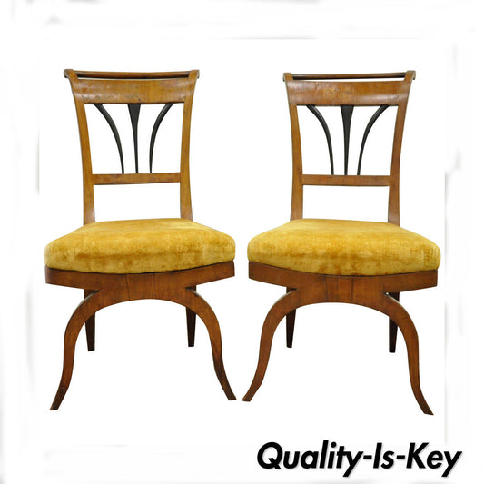 Pair of 19th C Biedermeier Ebonized & Burl Walnut Curule Base Side Accent Chairs