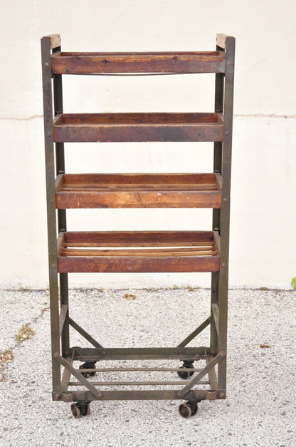 Vintage American Industrial Steel Metal and Wood Rolling Shop Work Cart Stand