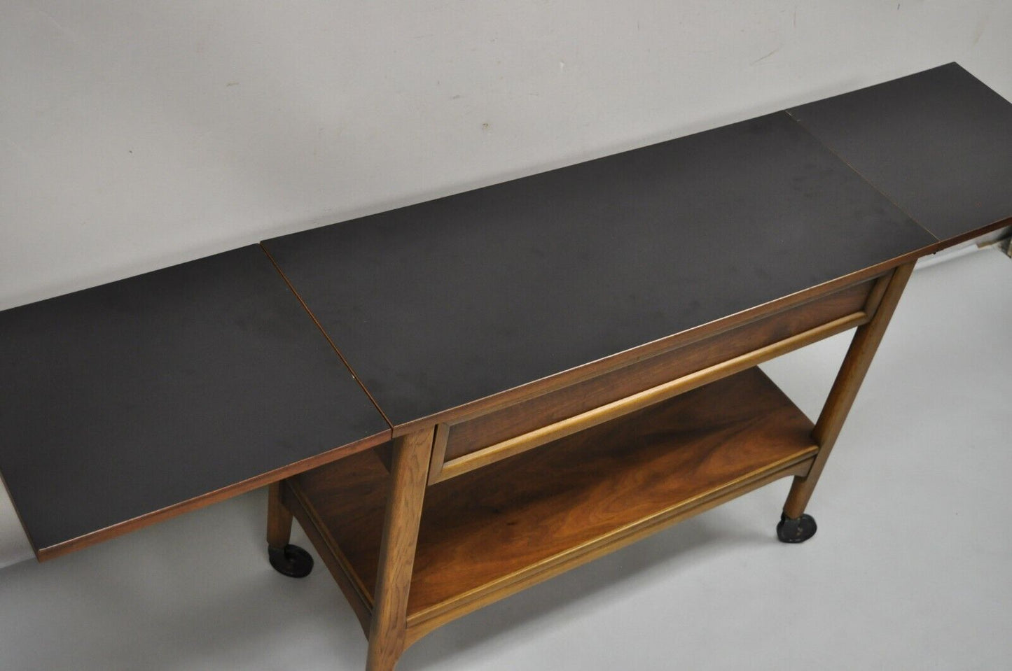 Lane Mid Century Modern Walnut Modern One Drawer Drop Leaf Rolling Bar Cart