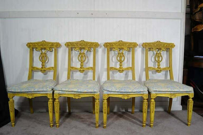 6 Yellow Painted French Regency Louis XVI Style Carved Dining Room Chairs