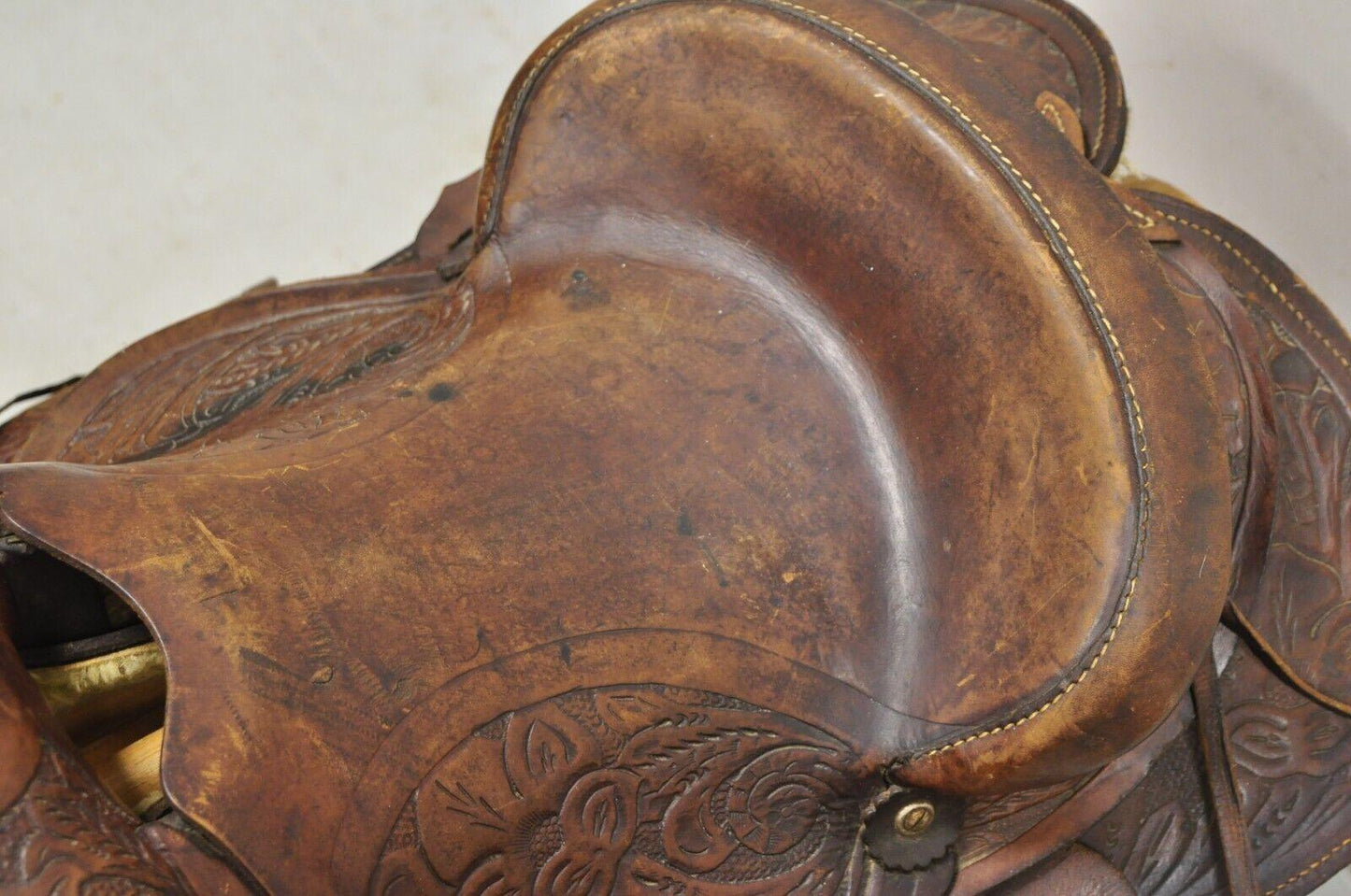 Vintage Brown Tooled Leather Embossed 14" Western Horse Saddle