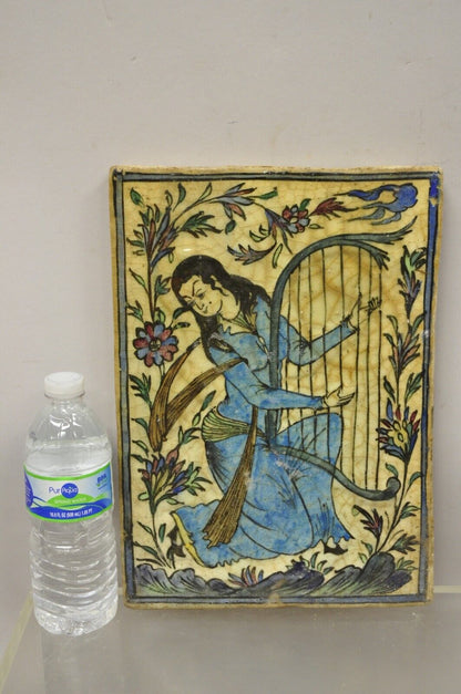 Antique Persian Iznik Qajar Style Ceramic Pottery Tile Woman Playing Harp C1