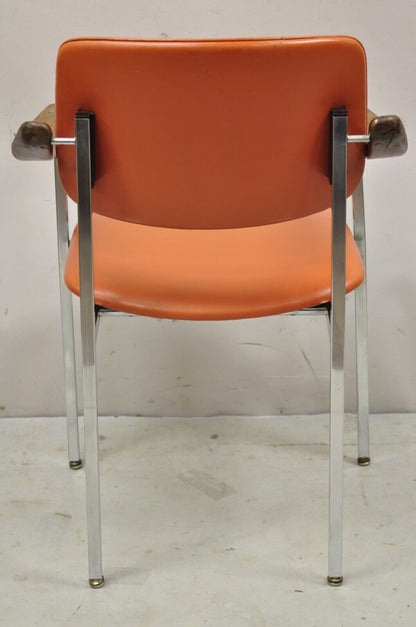 Vintage Mid Century Modern Orange Chrome Frame Sloped Wooden Arm Chair