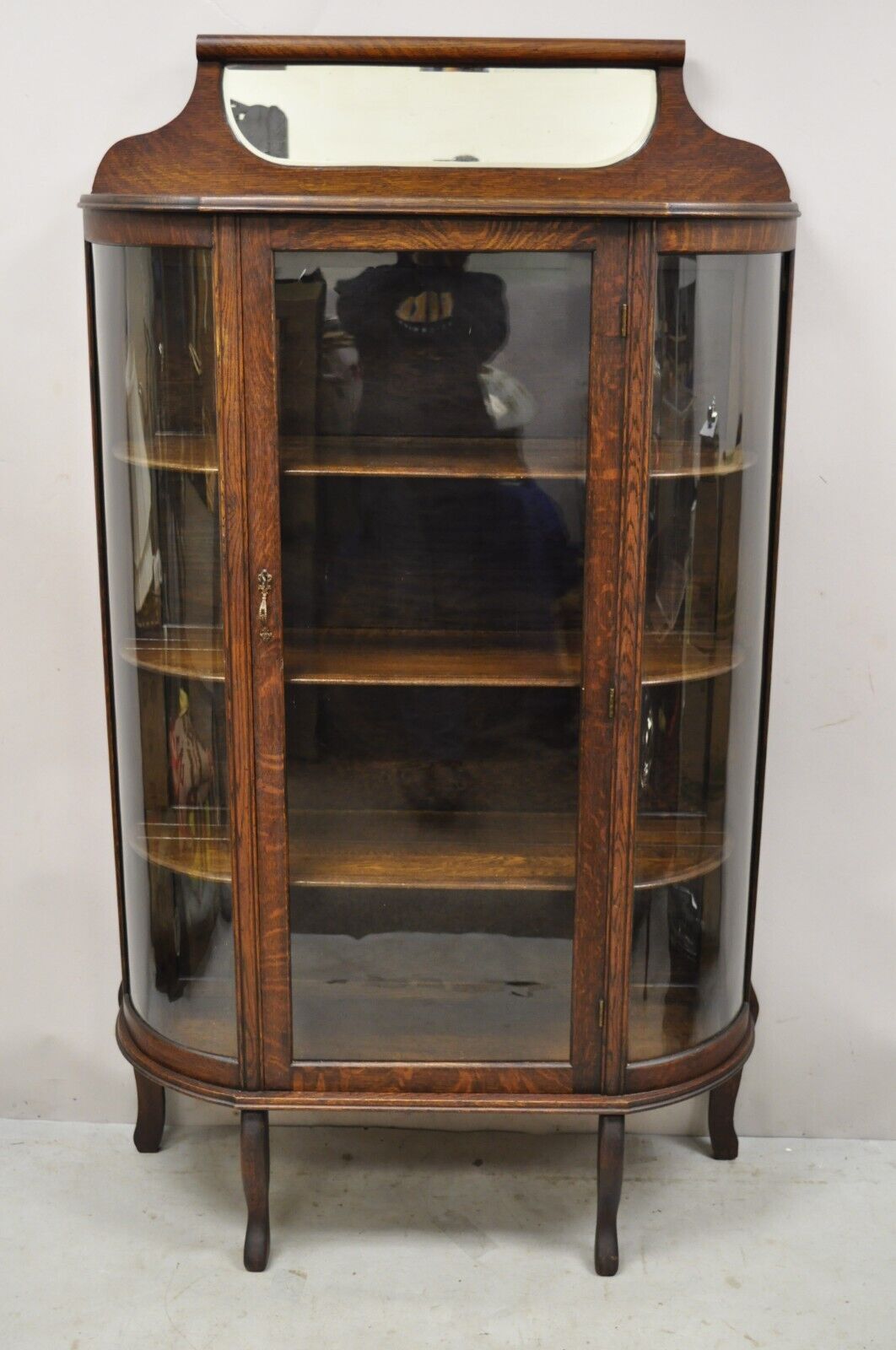 Antique American Victorian Oak Wood Curved Glass China Display Cabinet