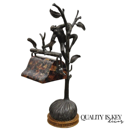 Maitland Smith Figural Bronze Monkey Desk Lamp with Pen Shell Shade