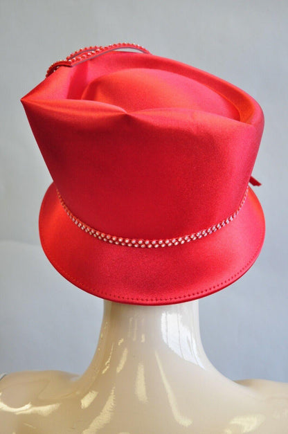 Red Satin Beaded Ribbon Church Derby Top Hat Attributed to Shellie McDowell