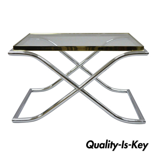Vintage Chrome Brass and Glass Hollywood Regency X-Frame Small Coffee Side Table