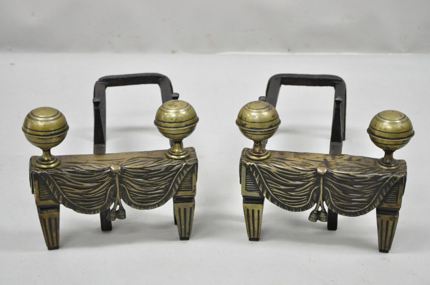 French Empire Bronze Drape & Tassel Cannonball Chenet Small Andirons - a Pair