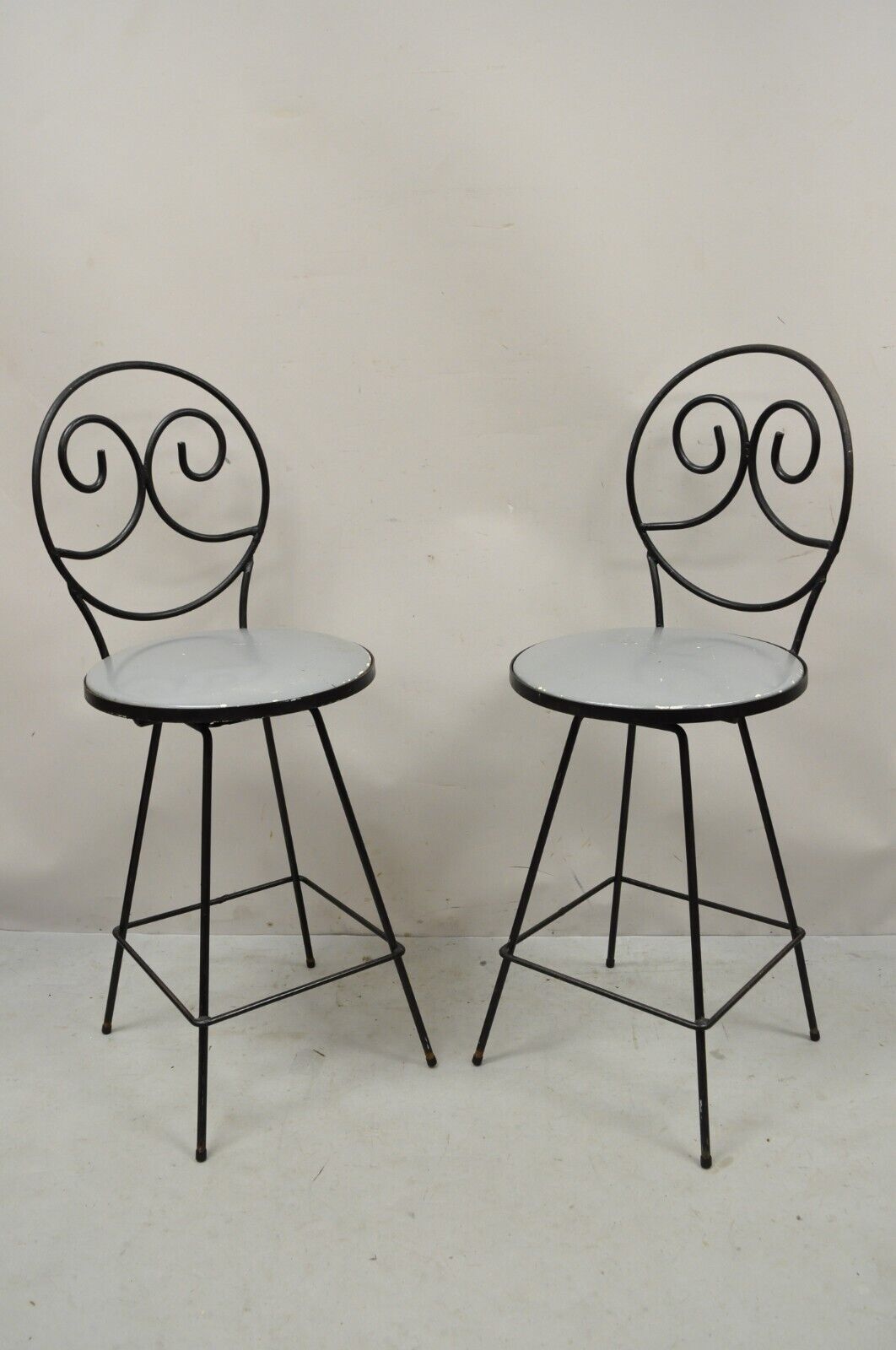 Mid Century Modern Swivel Seat Arthur Umanoff Style Wrought Iron Stools - a Pair