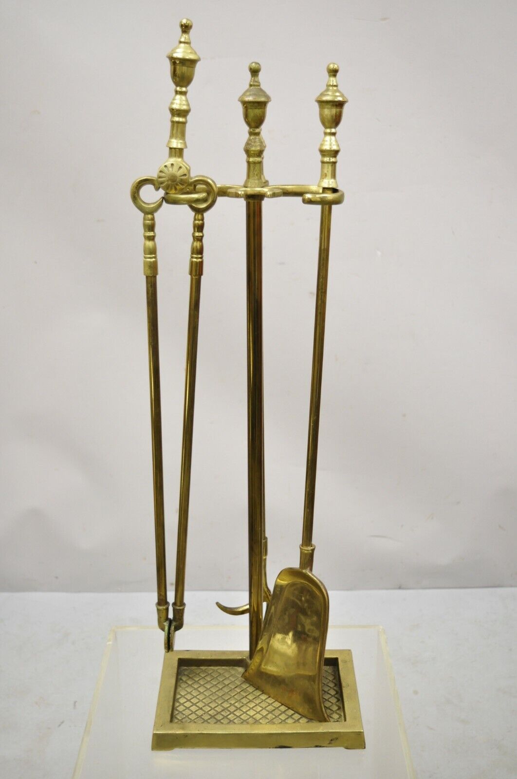 Vintage Solid Brass Federal Style Urn Finial Fireplace Tool Set and Stand