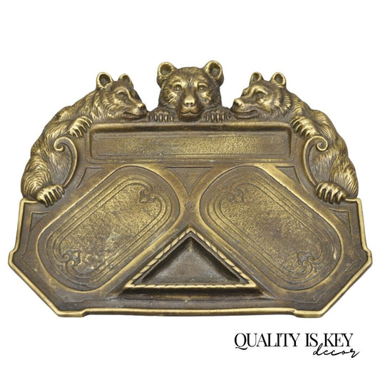 Antique Brass Bronze Black Forest Figural 3 Bears Desk Pen Tray Trinket Holder