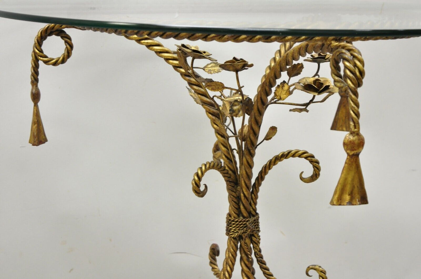 Italian Hollywood Regency Gold Gilt Iron Rope & Tassel Glass Top Center Table