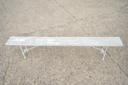 Antique French Industrial 94" Long White Distress Paint Wrought Iron Wood Bench