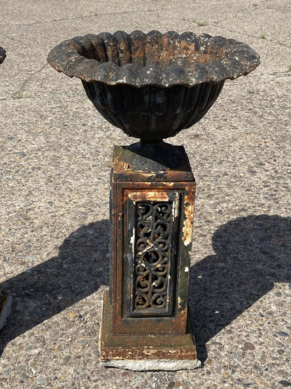 Antique 31" French Victorian Cast Iron Fluted Urn Garden Planter Pedestal - Pair