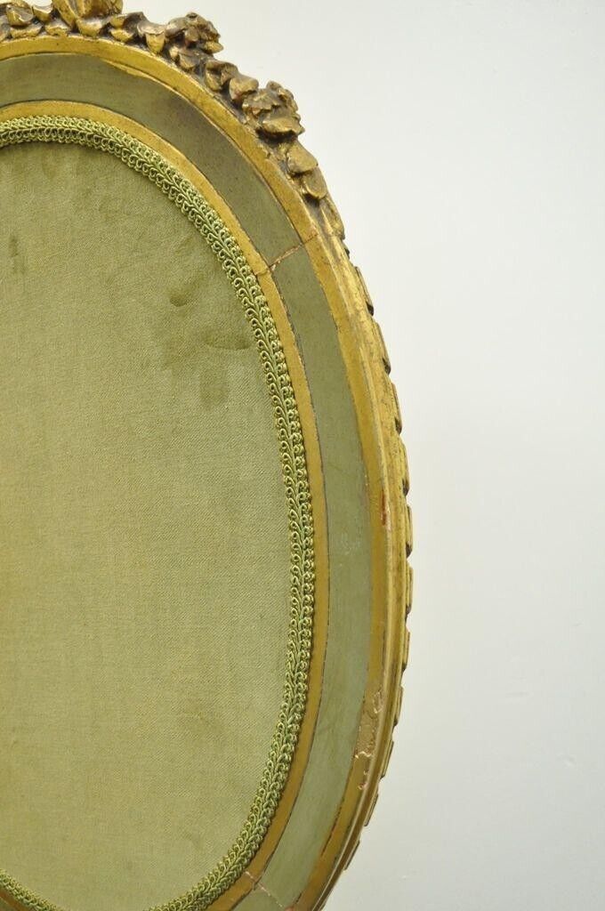 Antique French Louis XVI XV Style Carved Giltwood Green Oval Fireplace Screen