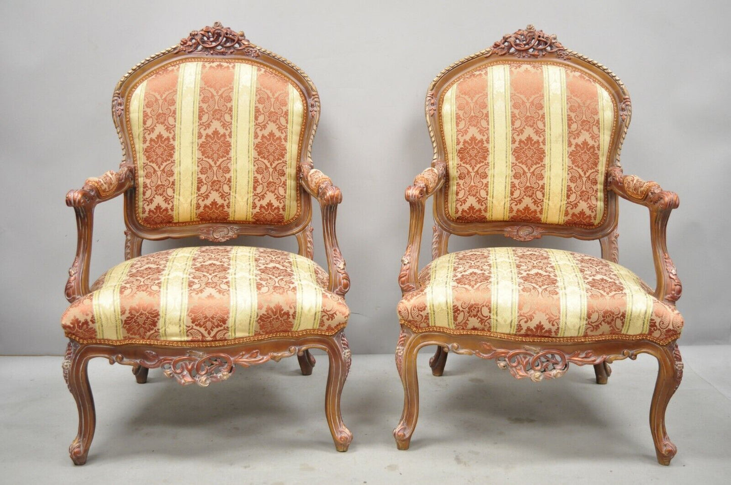 Pair of French Louis XV Style Repro Pink and Gold Bergere Lounge Arm Chairs