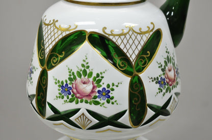 Antique Bohemian Czech Case Glass Green White Urn Ewer Table Lamp