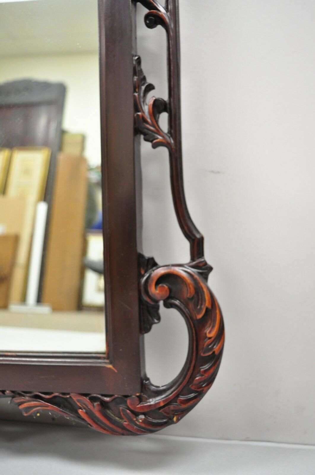 Antique Chinese Chippendale Style Fretwork Carved Mahogany Wall Mirror