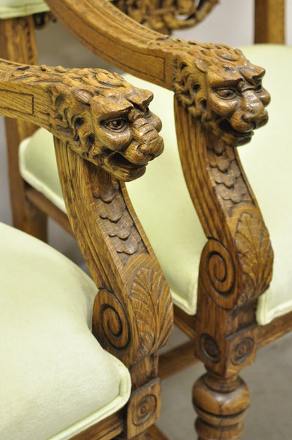 Antique Italian Renaissance Carved Oak Wood Lion Head Paw Feet Arm Chairs - Pair