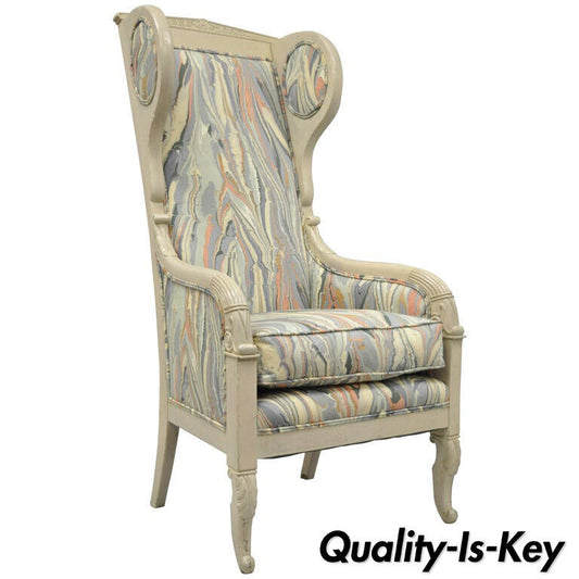 High Back French Empire Neoclassical Style Marble Fabric Wing Back Arm Chair