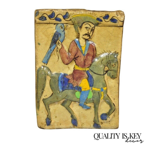 Antique Persian Iznik Qajar Style Ceramic Pottery Tile Horse Rider Blue Bird C5