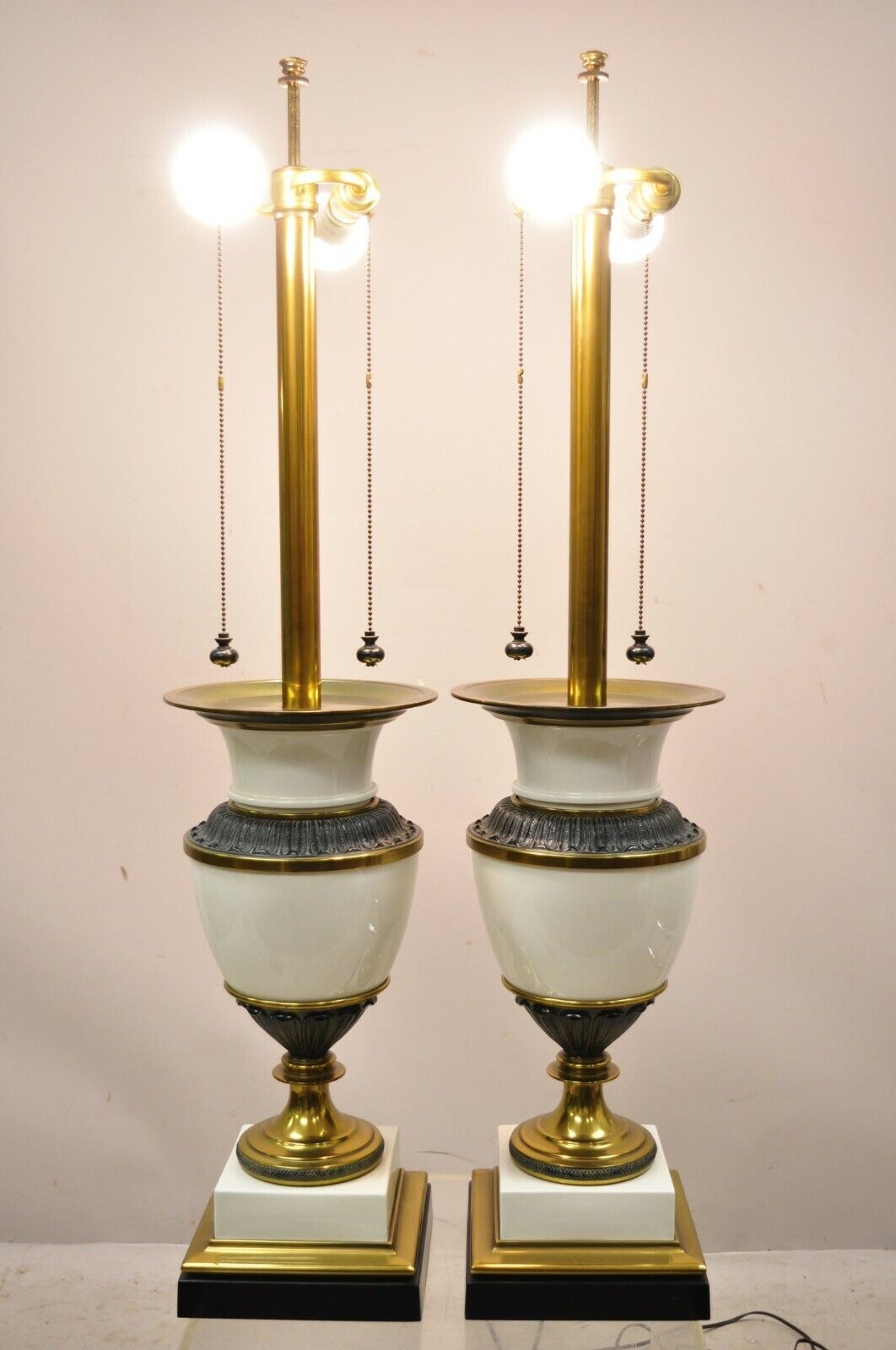 Stiffel Italian Regency Large Porcelain Urn Brass Finish Tall Table Lamps - Pair