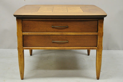 Lane Mid Century Modern Walnut 2 Drawer Lamp End Table with Burlwood Inlay Top