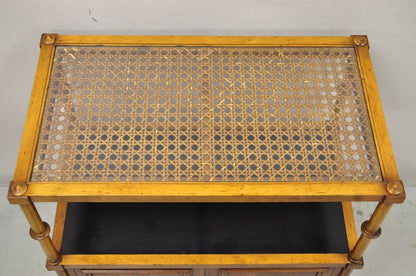 Vintage Faux Bamboo Hollywood Regency 2 Tier Cane Top Bar Cart Server Cabinet