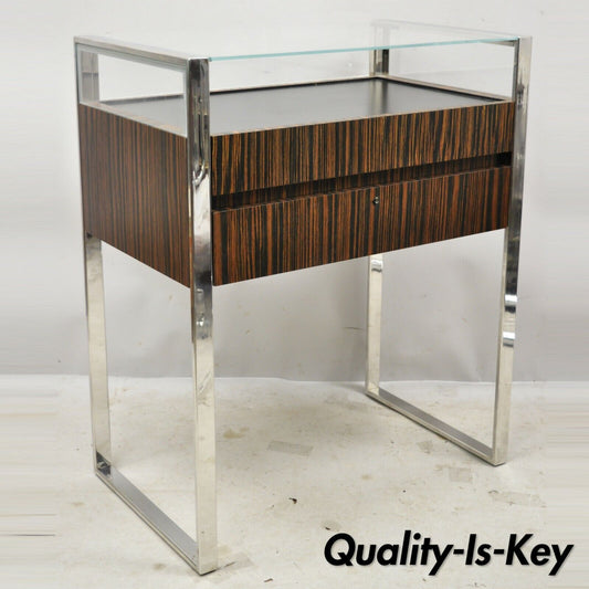 Modern Zebra Wood Chrome Glass Jewelry Closet Display Counter Case with Drawer